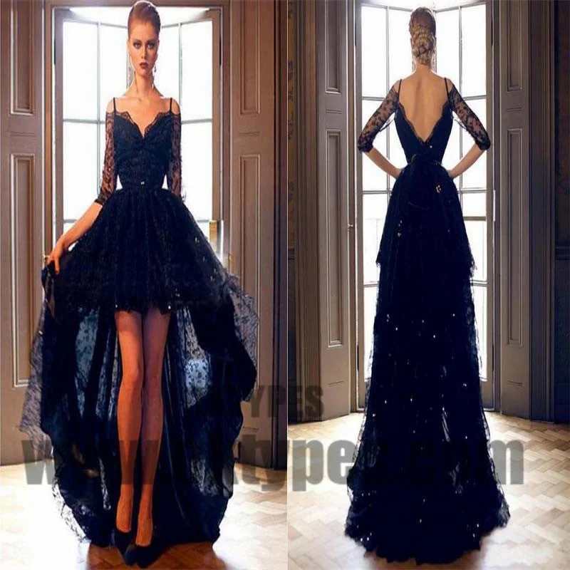 Black High Low Mermaid Prom Dresses, Lace Prom Dresses With Beading, Half Sleeve Prom Dresses, Backless Prom Dresses, TYP0275 Black High Low Mermaid Prom Dresses, Lace Prom Dresses With Beading, Half Sleeve Prom Dresses, Backless Prom Dresses, TYP0275