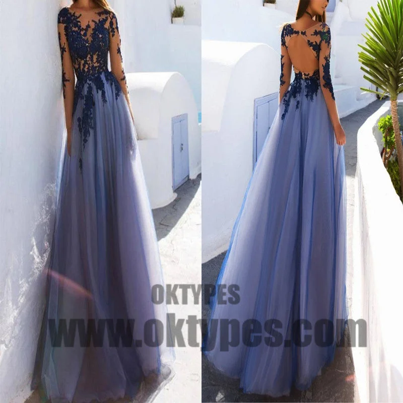 Blue Long Prom Dresses, A-line Prom Dresses, Appliques Prom Dresses, Beading Prom Dresses, Open-back Prom Dresses, TYP0075 Blue Long Prom Dresses, A-line Prom Dresses, Appliques Prom Dresses, Beading Prom Dresses, Open-back Prom Dresses, TYP0075