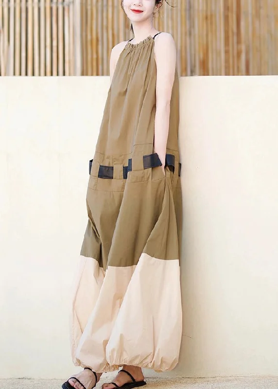 Fashion Khaki Ruffled Pockets Patchwork Cotton Long Dresses Sleeveless