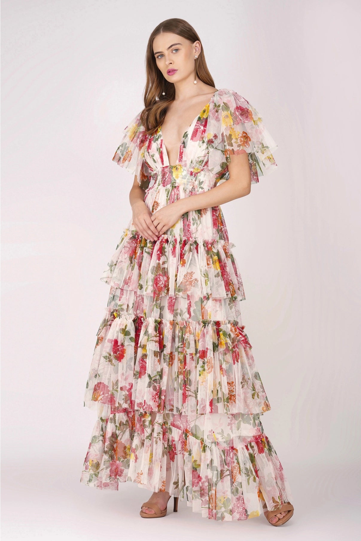 Lace & Beads Jasmine Floral Pink Maxi Tulle Dress