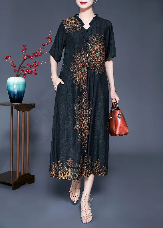Black Print Silk Long Dress Oversized Pocket Summer