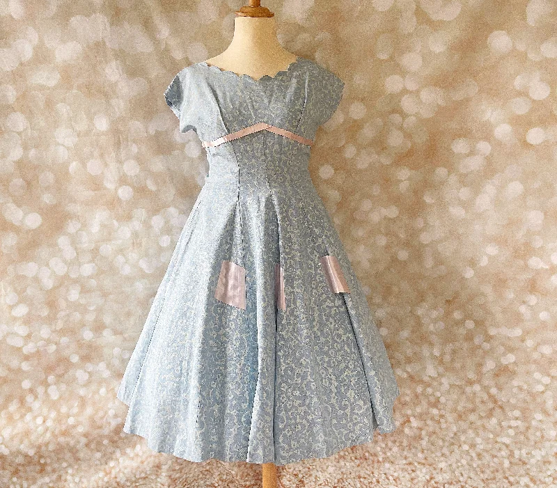 1940s Blue Lace Effect Brocade Prom Dress
