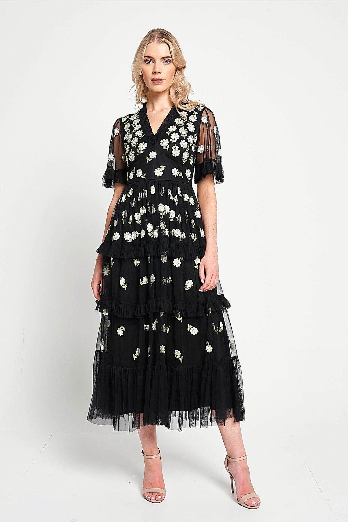 Frock & Frill Amy Black Daisy Floral Tulle Embroidered Dress