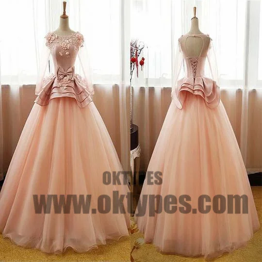 Long Floor Length Tulle Prom Dresses, Appliques Prom Dresses, Long Sleeve Prom Dresses, Lace Up Prom Dresses, TYP0306 Long Floor Length Tulle Prom Dresses, Appliques Prom Dresses, Long Sleeve Prom Dresses, Lace Up Prom Dresses, TYP0306