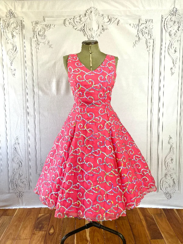 1960s Barbie Pink Iridescent Sequin Prom Dress