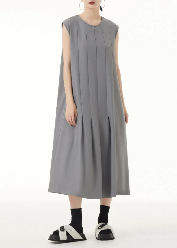 Women Grey O Neck Wrinkled Patchwork Spandex Long Dress Sleeveless