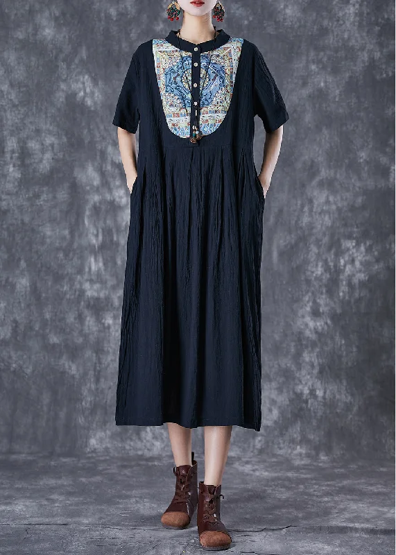 Black Print Linen Long Dresses Stand Collar Button Down Summer