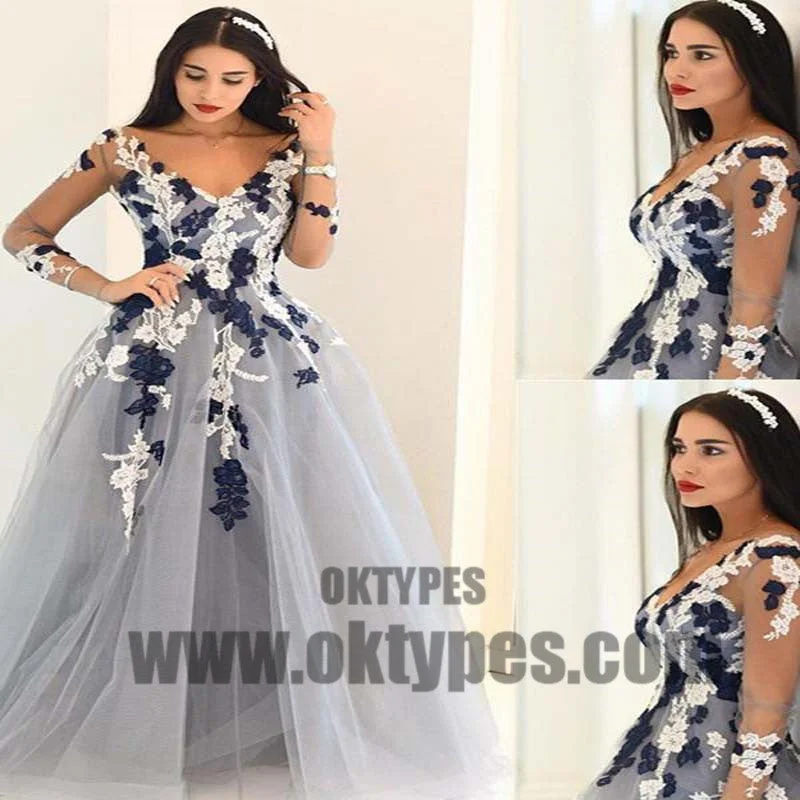 Long Floor Length Prom Dresses, Long Sleeve Prom Dresses, Appliques Prom Dresses, V-neck Prom Dresses, TYP0273 Long Floor Length Prom Dresses, Long Sleeve Prom Dresses, Appliques Prom Dresses, V-neck Prom Dresses, TYP0273