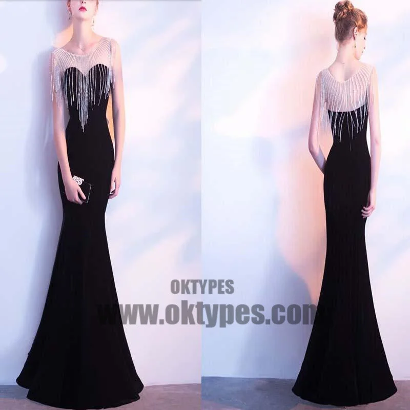 Illusion Neckline Black Mermaid Prom Dress, Sexy Tassel Prom Dress, Affordable Prom Dress, Prom Dresses, TYP0302 Illusion Neckline Black Mermaid Prom Dress, Sexy Tassel Prom Dress, Affordable Prom Dress, Prom Dresses, TYP0302