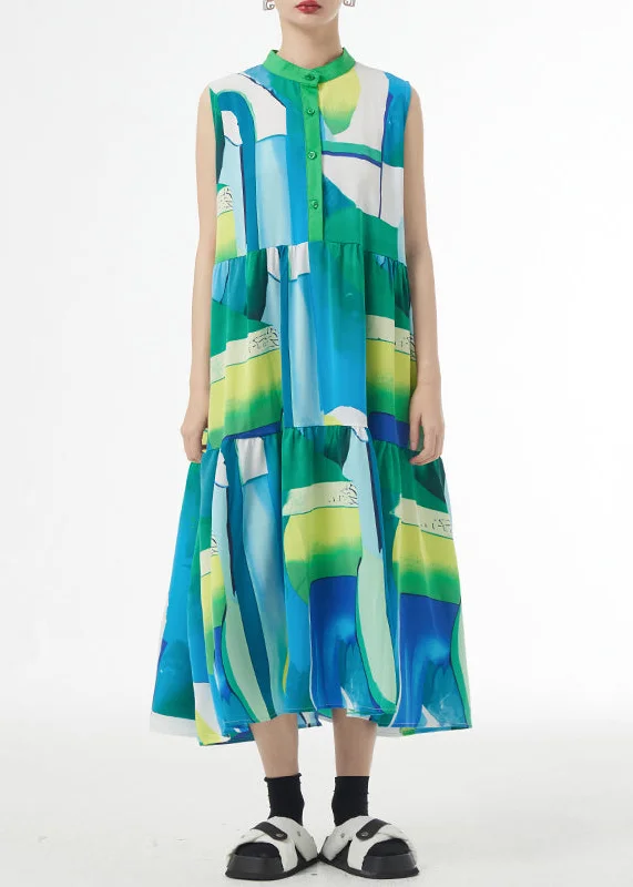 Beautiful Green Stand Collar Print Patchwork Cotton Party Long Dresses Sleeveless