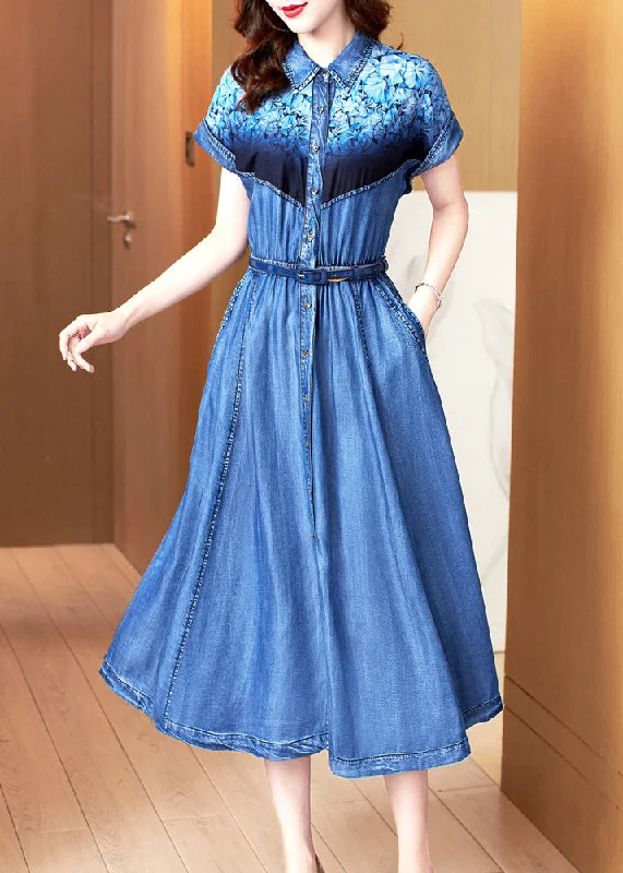 Chic Blue Peter Pan Collar Print Patchwork Button Sashes Cotton Vacation Denim Long Dresses Summer Chic Blue Peter Pan Collar Print Patchwork Button Sashes Cotton Vacation Denim Long Dresses Summer