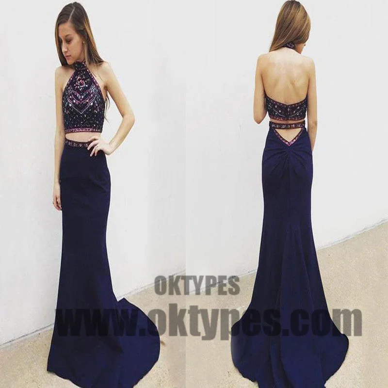 Navy Blue Two Piece Prom Dresses, Grecian Prom Dresses With Beading, Backless Mermaid Prom Dresses, TYP0218 Navy Blue Two Piece Prom Dresses, Grecian Prom Dresses With Beading, Backless Mermaid Prom Dresses, TYP0218