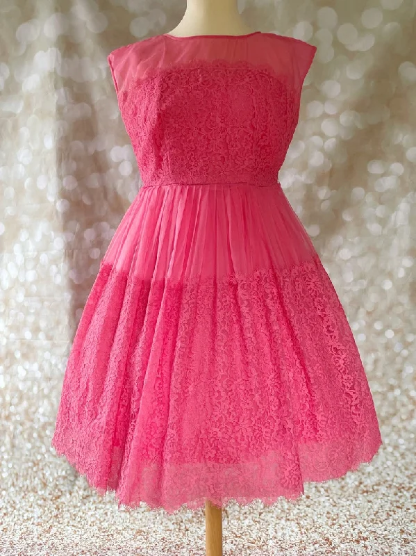 1960s Hot Pink Lace & Organza Chiffon Prom Dress