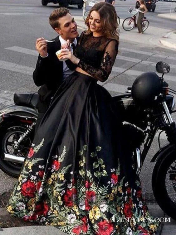 Two Piece Black Prom Dresses, Long Sleeve Prom Dresses, Open-back Prom Dresses, Appliques lace Prom Dresses,TYP0305 Two Piece Black Prom Dresses, Long Sleeve Prom Dresses, Open-back Prom Dresses, Appliques lace Prom Dresses,TYP0305