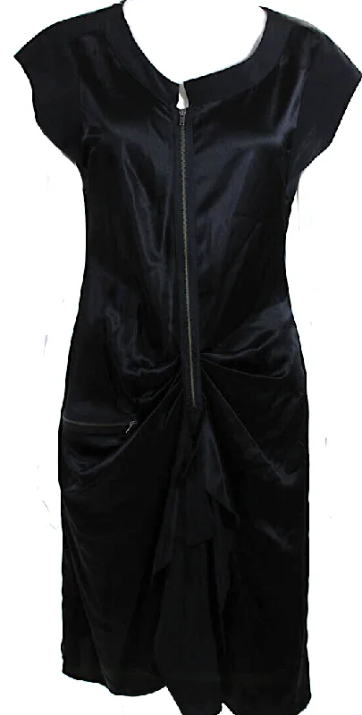 Alberta Ferretti Italy. "Philosophy" Black Satin Sleeveless Zip Up A-Line Dress