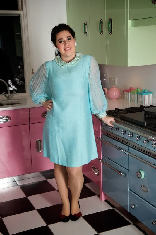 1960s Silk Applique Cocktail Dress With Diaphanous Pleated Sleeves
