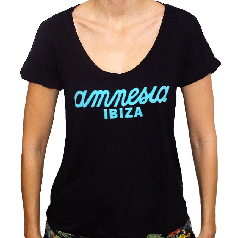 Amnesia Ibiza Classic Logo Women's Black T-Shirt Notch Collar Peter Pan Collar Cowl Neck Amnesia Ibiza Classic Logo Women's Black T-Shirt Notch Collar Peter Pan Collar Cowl Neck