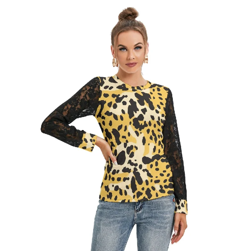 Animal Print T-shirt with Black Lace Sleeves Knit Fabric Woven Fabric Fleece Fabric