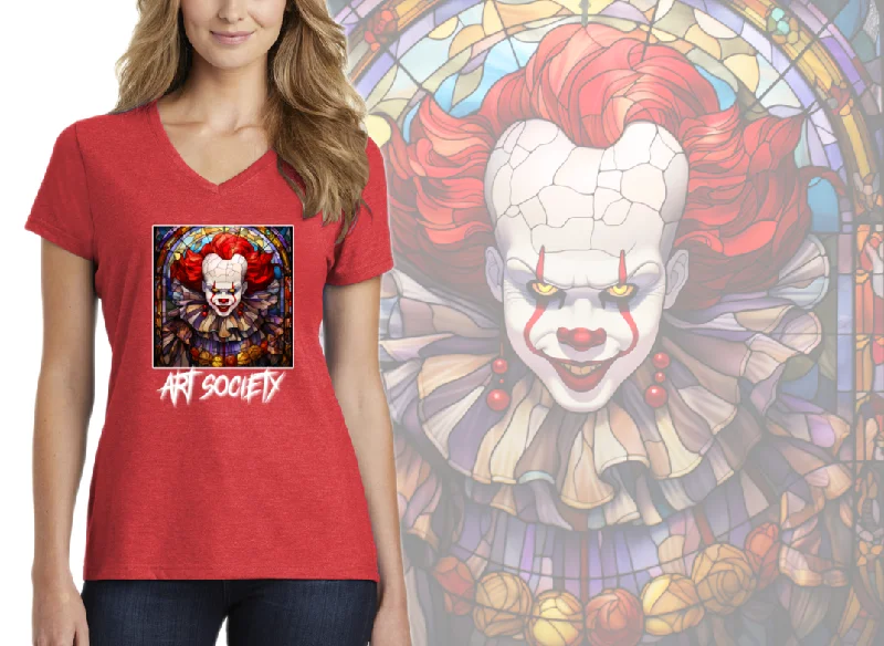 Art Society STAINED GLASS PENNYWISE WOMENS V-NECK TEE RED Graphic T-Shirt Round Neck Polyester