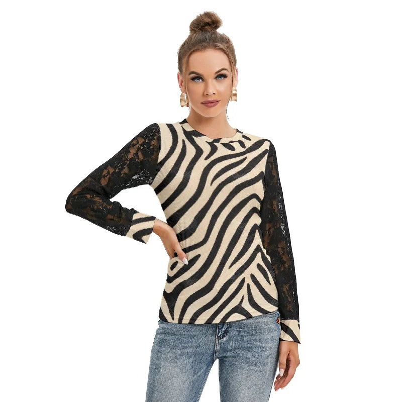 Black Stripe T-shirt with Black Lace Sleeves Zippered Buttoned Snapped