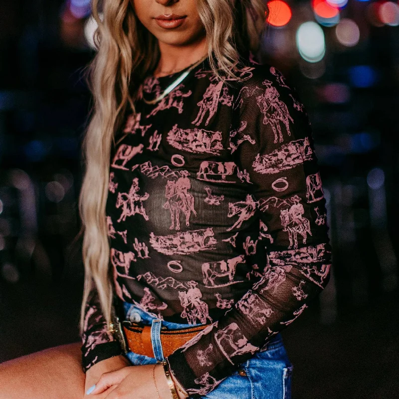 Women's Black & Pink Western Scene Mesh Shirt Basic T-Shirt Crew Neck Short Sleeve