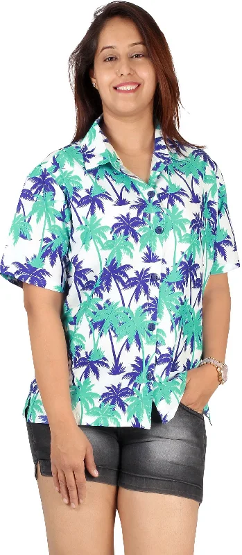 Blue Tropical Allover Palm Tree Printed Hawaiian Shirt For Women Zippered Buttoned Snapped Blue Tropical Allover Palm Tree Printed Hawaiian Shirt For Women Zippered Buttoned Snapped