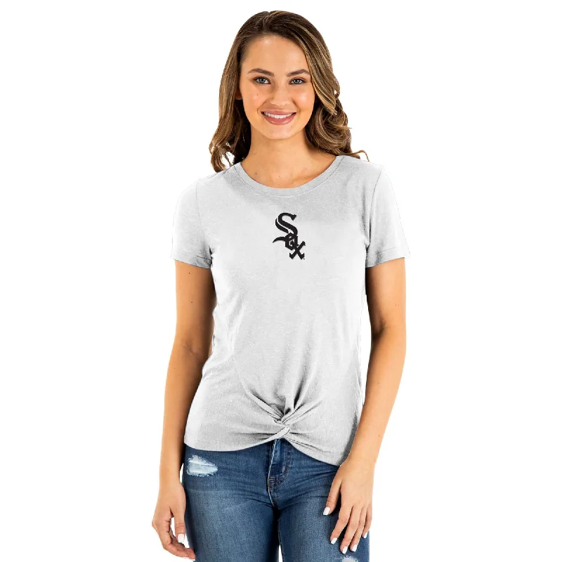 Chicago White Sox New Era Women's 2-Hit Front Twist Burnout T-Shirt - White Striped Floral Plaid Chicago White Sox New Era Women's 2-Hit Front Twist Burnout T-Shirt - White Striped Floral Plaid