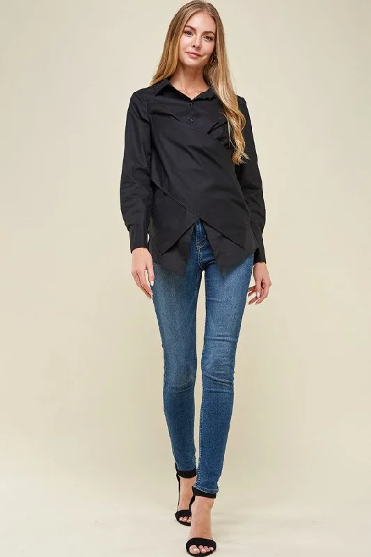 Black Crossover Woven Buttoned Casual Shirt Top Nylon Fabric Polyester Fabric Spandex Fabric