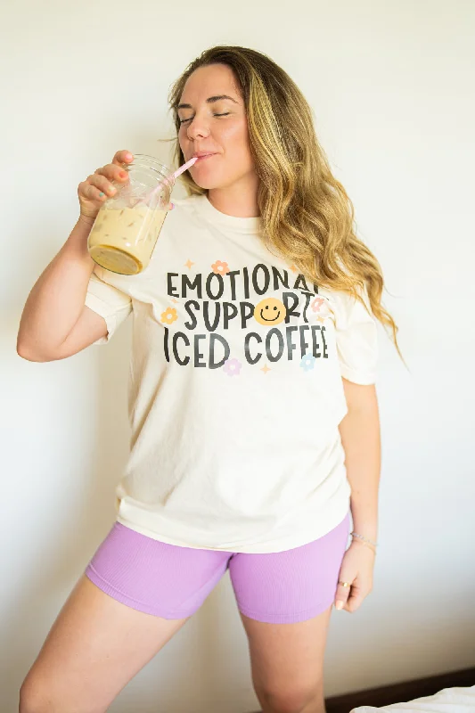 Emotional Support ICED Coffee - Tee (Vintage Natural, Short Sleeve) Cotton Fabric Linen Fabric Terry Fabric