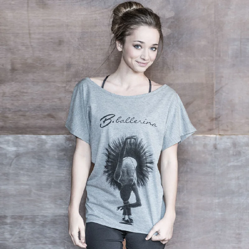 Grey t-shirt, ballerina in 5th position on loose Handmade Hand-knitted Hand-woven