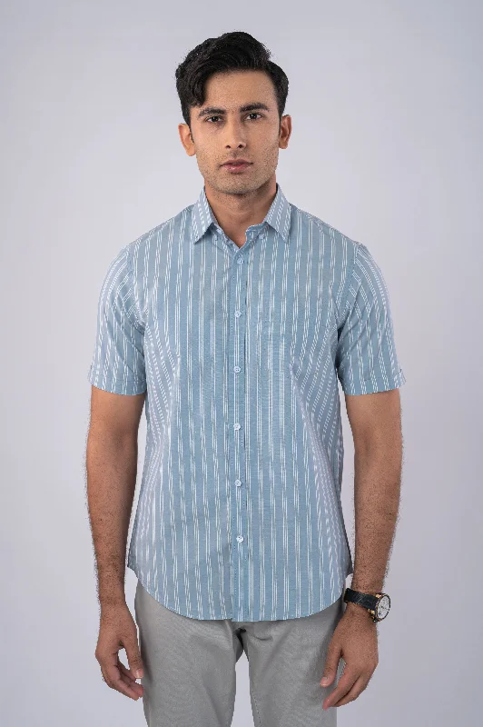 Half Sleeves Printed Shirt Mesh Canvas Denim