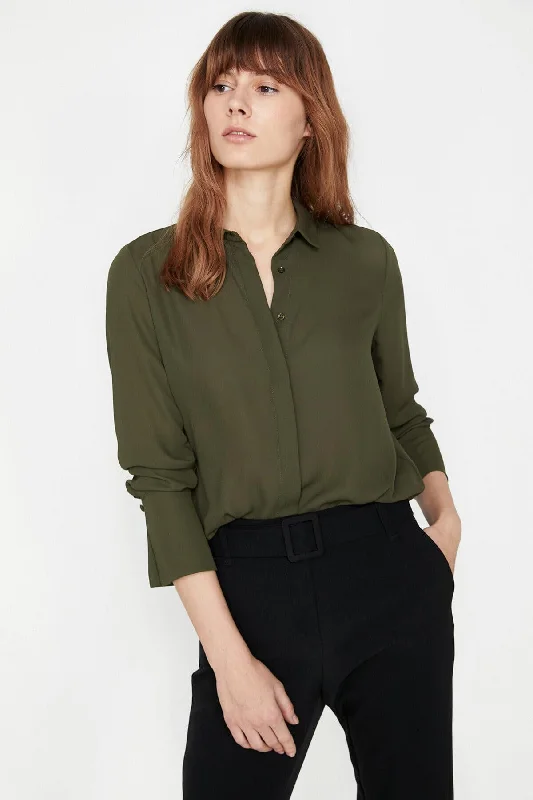 Women Green Sleeve Detail Shirt Solid Print Embellished