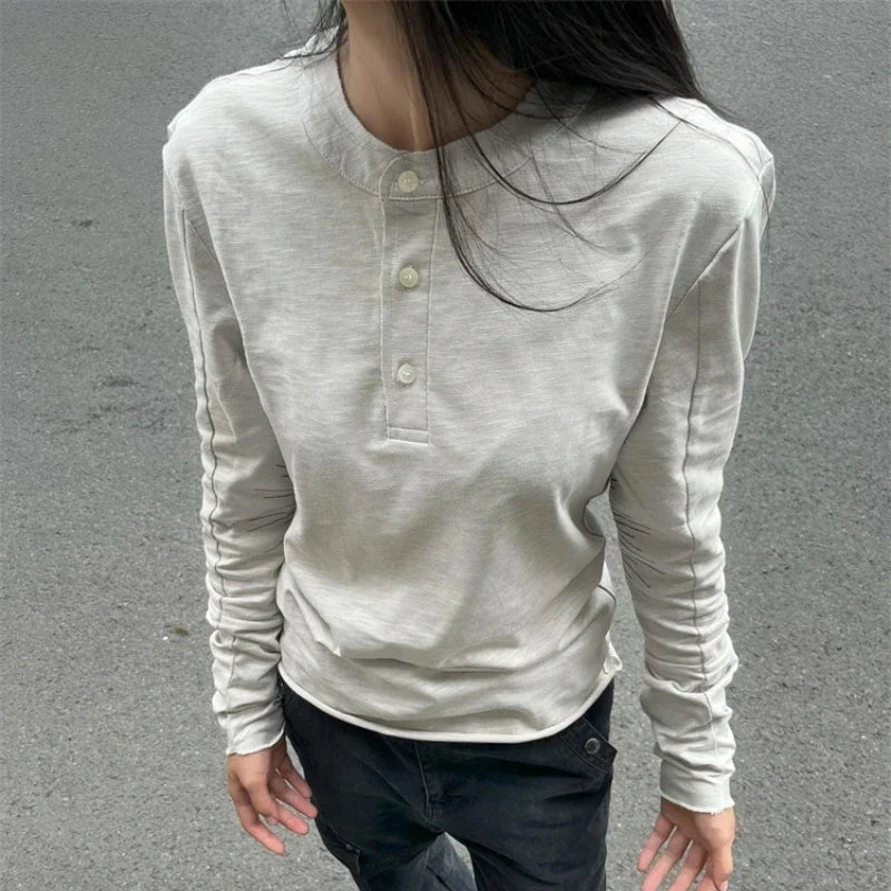 Lunivop O-neck Button Solid Color All Match Long-sleeved T-shirt Women Autumn New High Street Fashion Rhinestone Casual Tops Satin Fabric Silk Fabric Chiffon Fabric