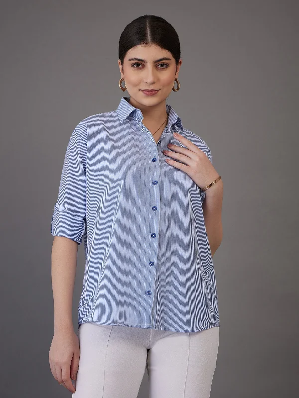 Lyush Women Navy Pin Stripes Regular Fit Shirt Thin T-Shirt Open Front Quick Dry