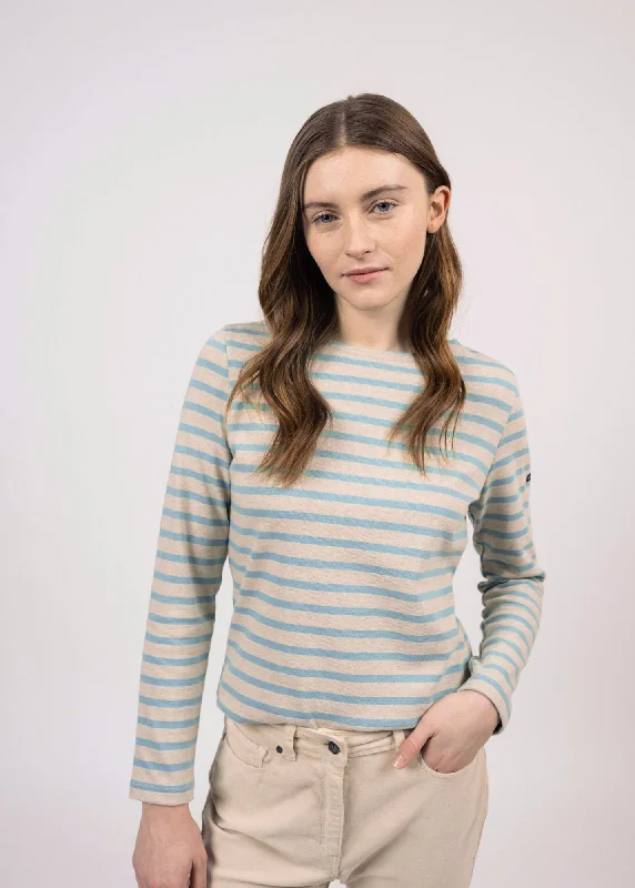MERIDAME II - Authentic Breton Shirt | Heavyweight Cotton | Women Fit (OATMEAL / OXYGEN BLUE) Embroidered Appliqued Beaded