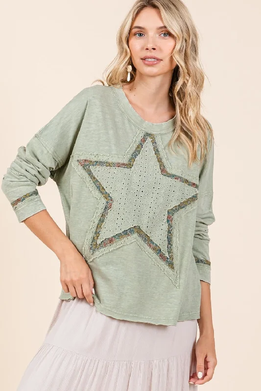 Mittoshop Mineral Wash Star Patch Long Sleeve T-Shirt Anti-Shrink Durable Soft