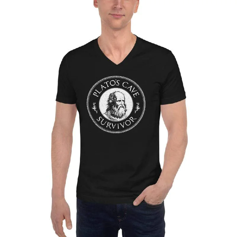 Plato's Cave Survivor - Unisex V-Neck T-Shirt Mesh Blend Leather Blend Suede Blend