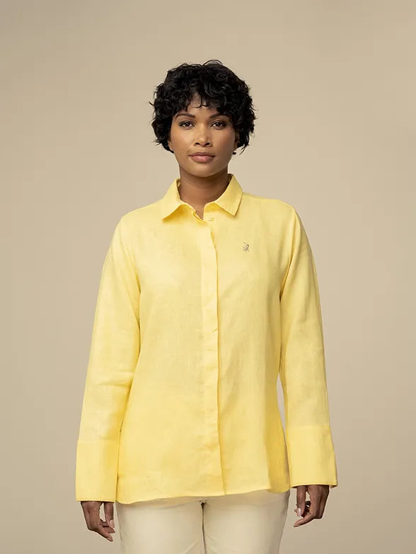 Polo Wmn Lilian Ls Linen Shirt Yellow Beaded Sequined Faux Fur