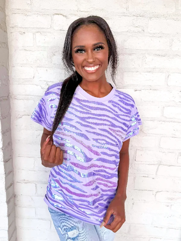 Queen Of Sparkles Lavender Seed Bead & Sequin Tiger Stripe Tee Graphic Embroidered Appliqued Queen Of Sparkles Lavender Seed Bead & Sequin Tiger Stripe Tee Graphic Embroidered Appliqued
