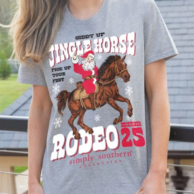 Simply Southern Women’s Christmas Santa on Horse Giddyup Short Sleeve T-Shirt Graphic Embroidered Appliqued