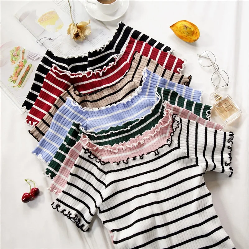 stripe square collar cropped T-shirt new female students short sleeve tshirts crop tops for woman 2019 summer Ribbed Striped Patterned