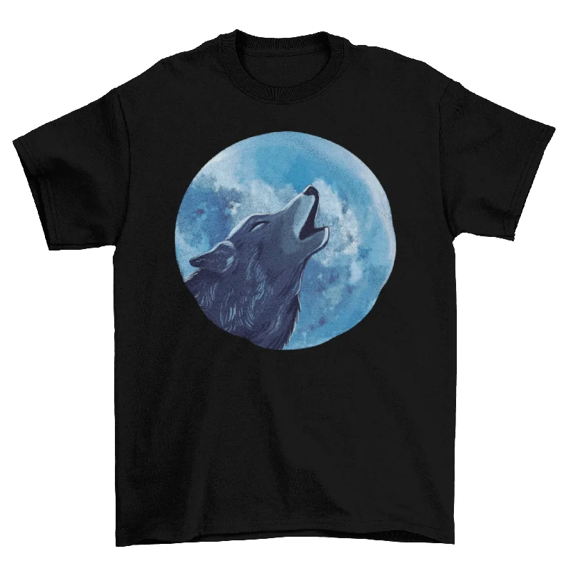 Wolf howling illustration t-shirt V-Neck T-Shirt Long Sleeve Cotton