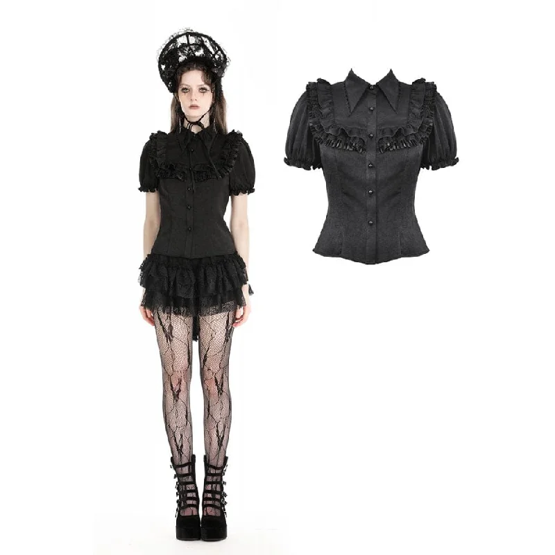 Women's Gothic Puff Sleeved Ruffled Shirt Polka Dot Checkered Tartan