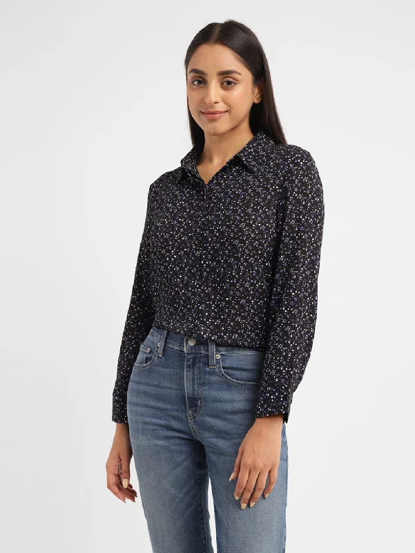 Women's Printed Shirt Collar Shirt Seamless Knitted Crochet