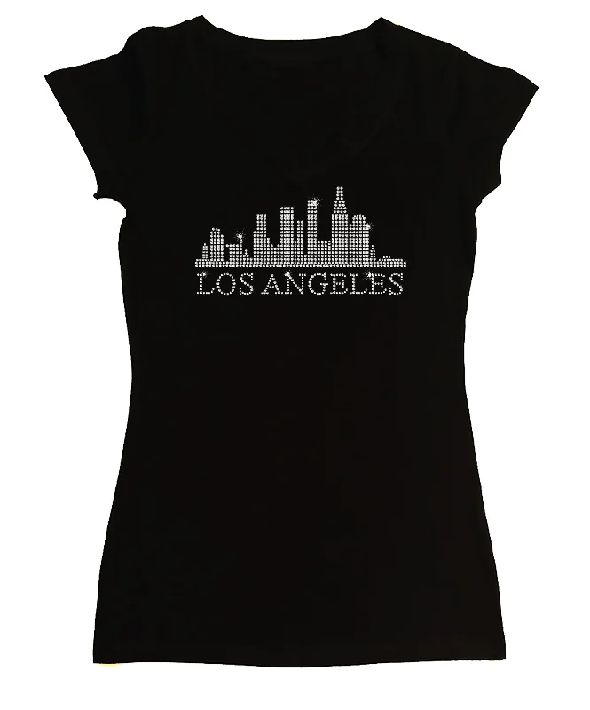 Women's Rhinestone Fitted Tight Snug Shirt Los Angeles Skyline - California Shirt, LA Shirt Fashionable Trendy Casual