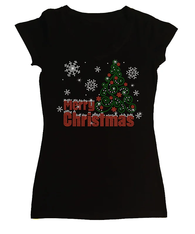 Women's Rhinestone Fitted Tight Snug Shirt Merry Christmas Snowcapped - Christmas Shirt Chenille Brocade Lace