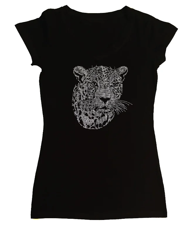 Women's Rhinestone Fitted Tight Snug Shirt Silver Leopard Face Embroidered Appliqued Beaded Women's Rhinestone Fitted Tight Snug Shirt Silver Leopard Face Embroidered Appliqued Beaded