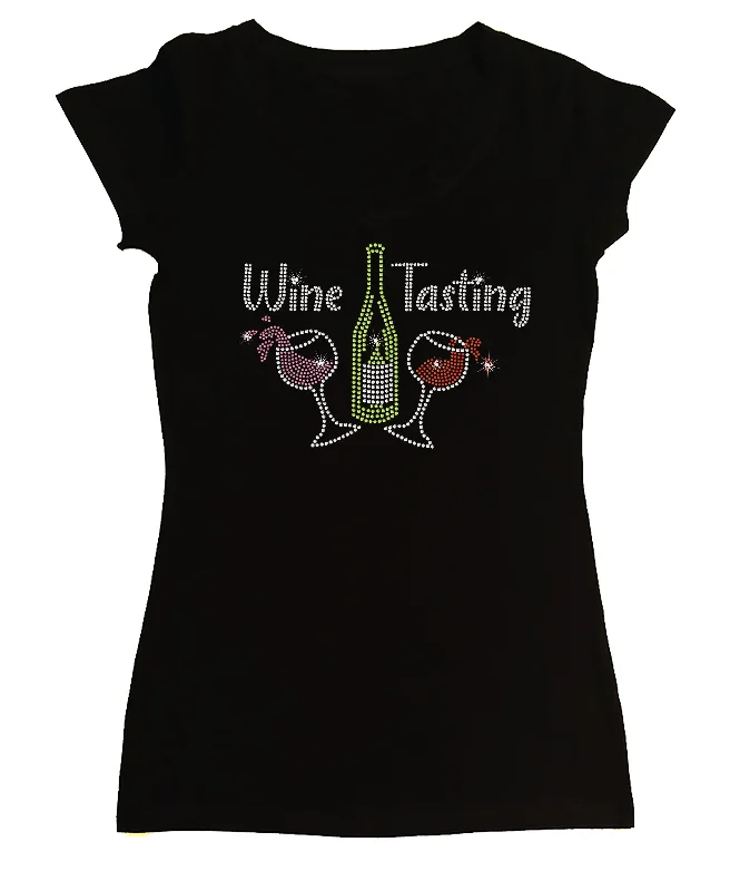 Women's Rhinestone Fitted Tight Snug Shirt Wine Tasting - Wine Glasses and Wine Bottles Collared Crew Neck Turtle Neck