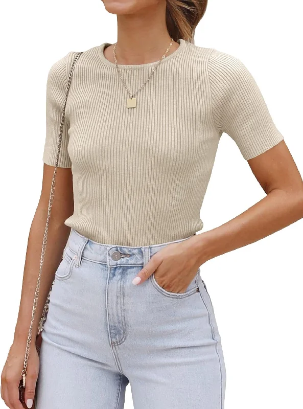Women'S Short Sleeve Crewneck T Shirt 2024 Summer Ribbed Knit Slim Fit Basic Solid Color Tee Tops Iron Safe Non-Iron Wrinkle Free