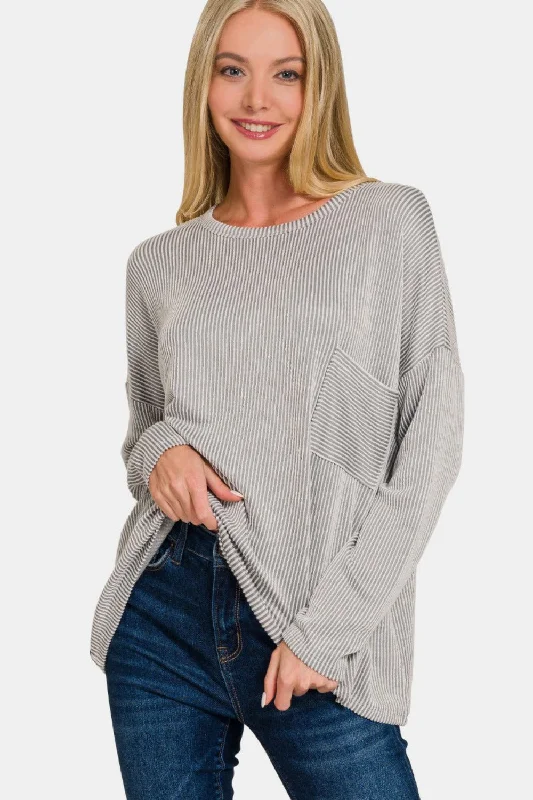 Zenana Ribbed Striped Long Sleeve T-Shirt Collared T-Shirt Boat Neck A-Line